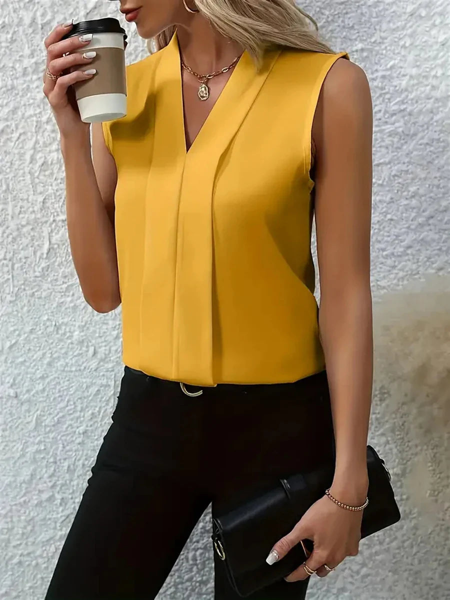 Damen Ärmellose Bluse mit V-Ausschnitt und Stehkragen