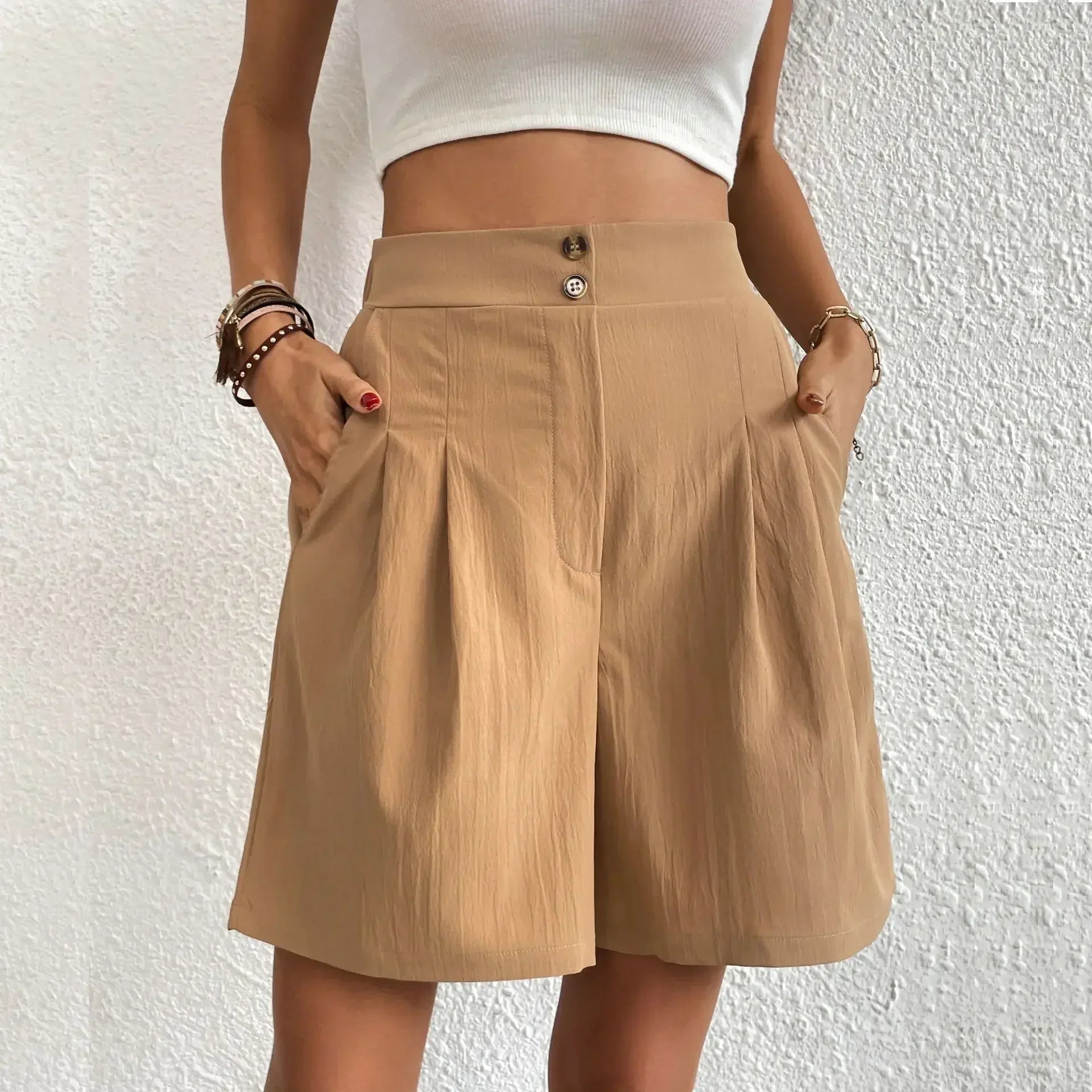 Damen High-Waist Bermuda-Shorts mit Taschen – elegante weite Sommershorts