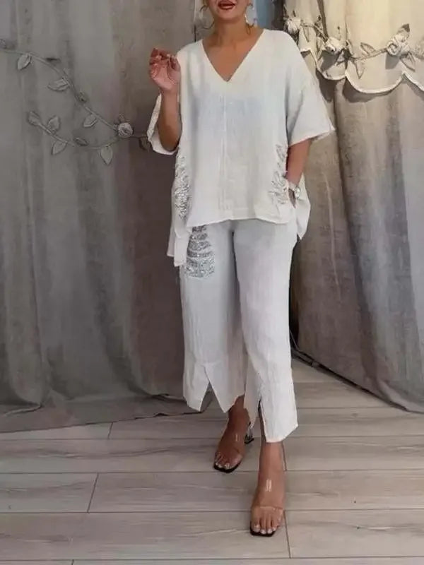 Damen Leinen-Set 2-teilig – Oversize-Tunika mit V-Ausschnitt und weite Hose