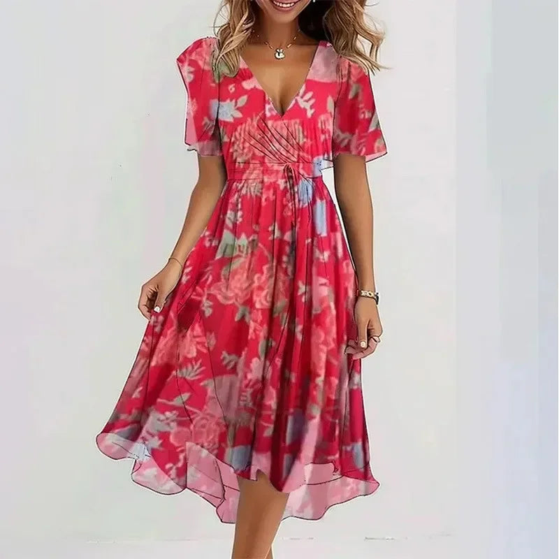 Damen Midi-Kleid mit Blumenmuster und V-Ausschnitt