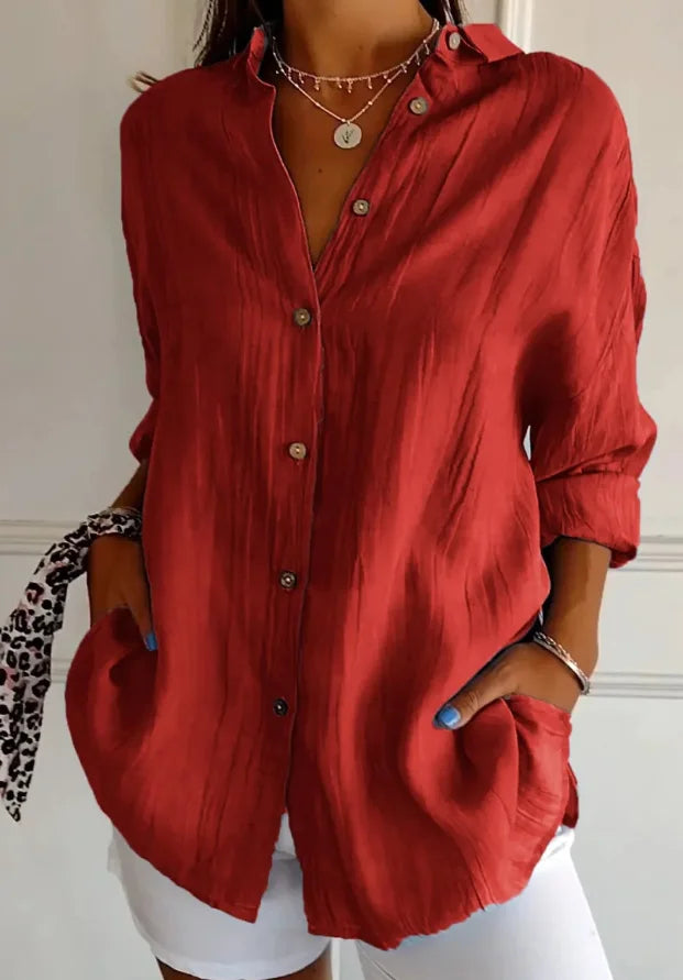 Damen Oversize Leinenbluse mit Knopfleiste und langen Ärmeln