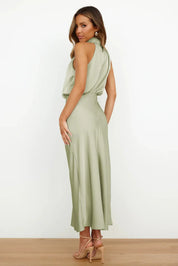 Damen Satin-Midikleid mit Neckholder-Ausschnitt – Elegant, figurbetont, für den Abend