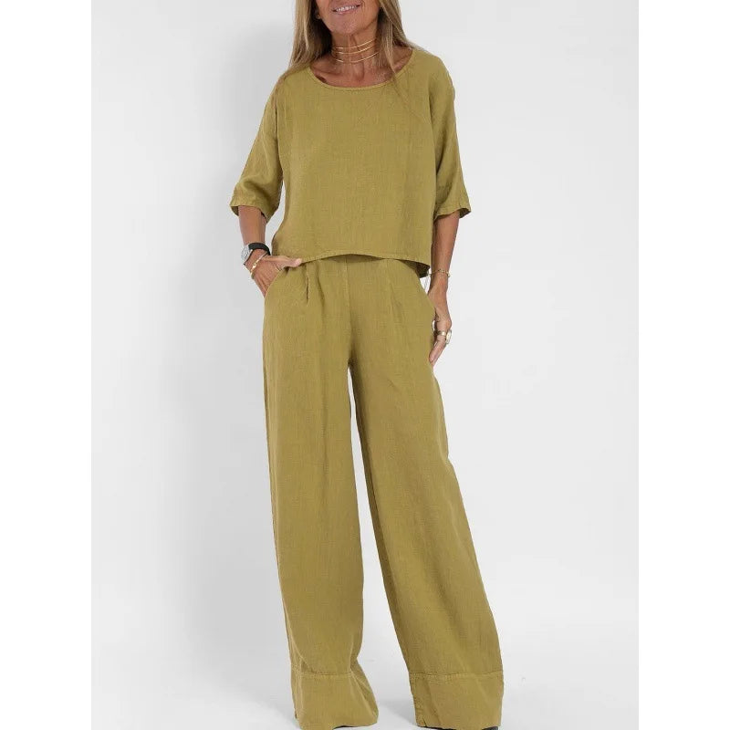 Damen Casual Set – Lockere Bluse mit weiter Hose und hohem Bund