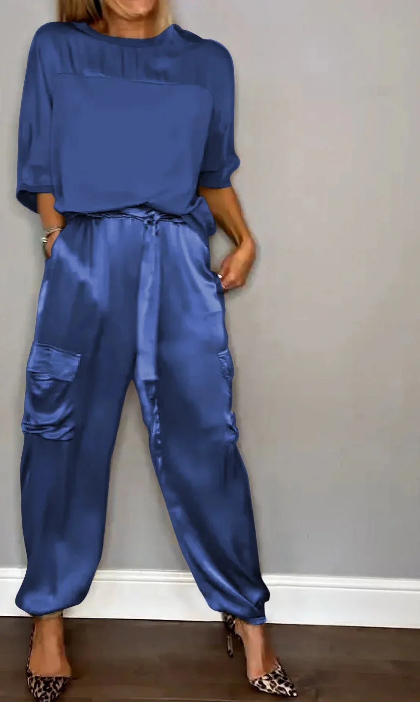 Damen Satin-Set – elegante Bluse mit High-Waist-Hose