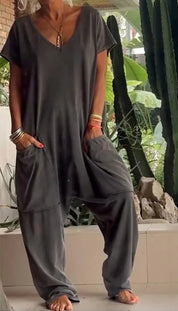 Damen Oversize Jumpsuit mit Taschen und V-Ausschnitt