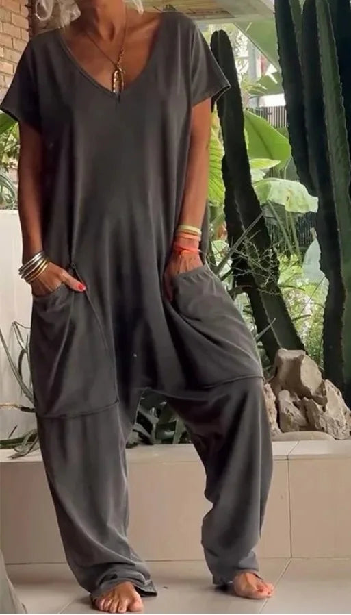 Damen Oversize Jumpsuit mit Taschen und V-Ausschnitt