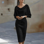 Damen Strickkleid Midi mit V-Ausschnitt – Elegantes Figurbetontes Kleid mit 3/4-Ärmel