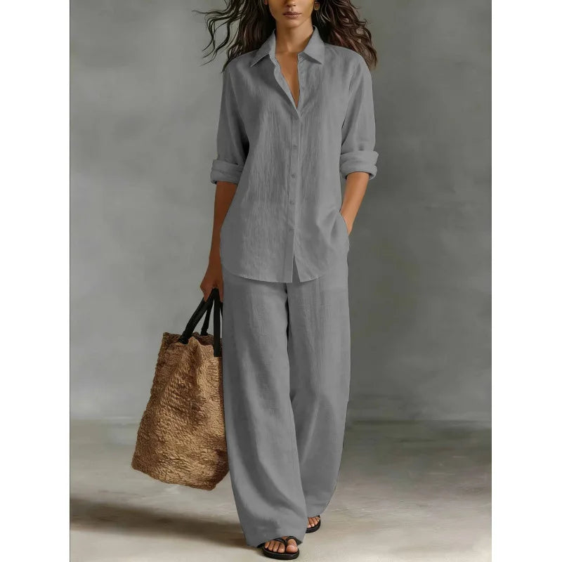 Damen Leinenset 2-teilig – Oversize-Bluse und Weithose mit hohem Bund