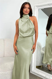 Damen Satin-Midikleid mit Neckholder-Ausschnitt – Elegant, figurbetont, für den Abend
