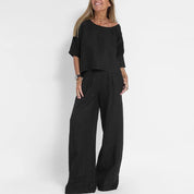 Damen Casual Set – Lockere Bluse mit weiter Hose und hohem Bund