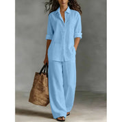 Damen Leinenset 2-teilig – Oversize-Bluse und Weithose mit hohem Bund