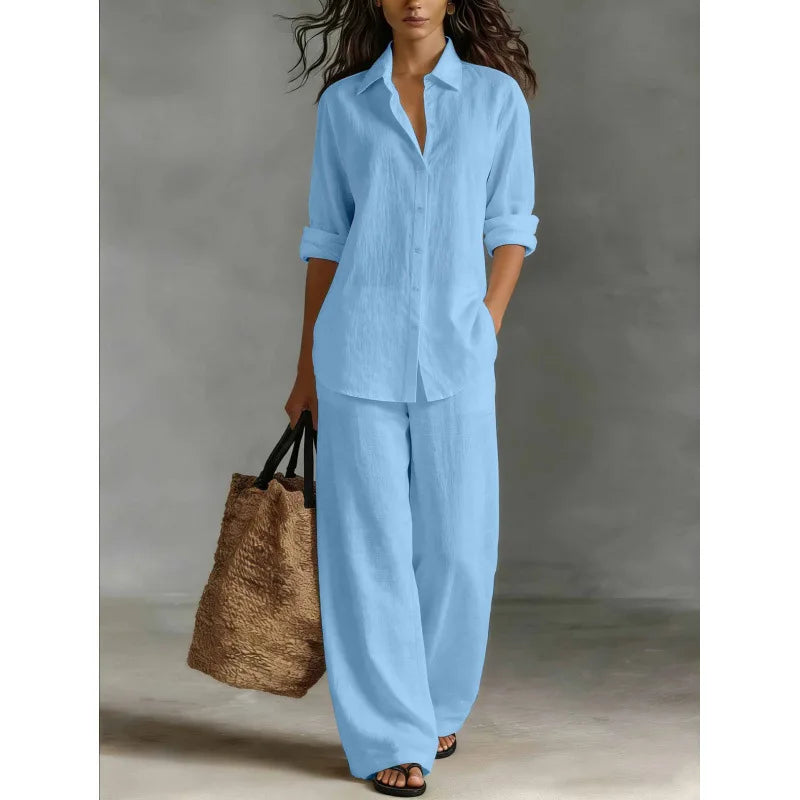 Damen Leinenset 2-teilig – Oversize-Bluse und Weithose mit hohem Bund