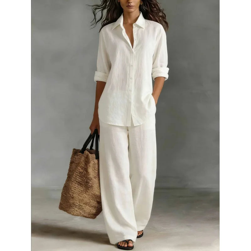 Damen Leinenset 2-teilig – Oversize-Bluse und Weithose mit hohem Bund