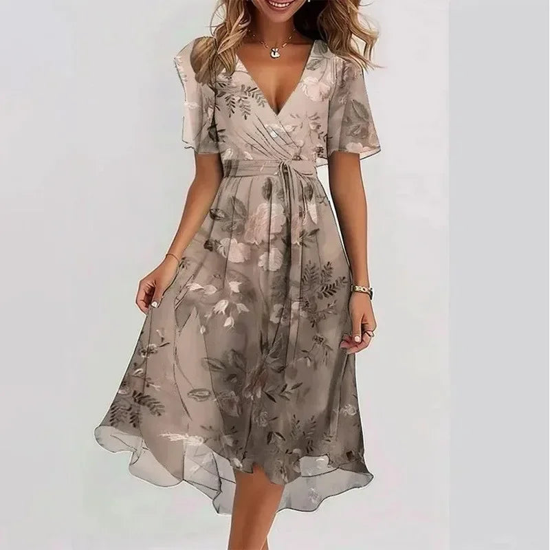 Damen Midi-Kleid mit Blumenmuster und V-Ausschnitt