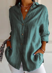 Damen Oversize Leinenbluse mit Knopfleiste und langen Ärmeln