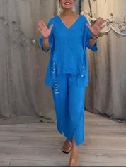 Damen Leinen-Set 2-teilig – Oversize-Tunika mit V-Ausschnitt und weite Hose