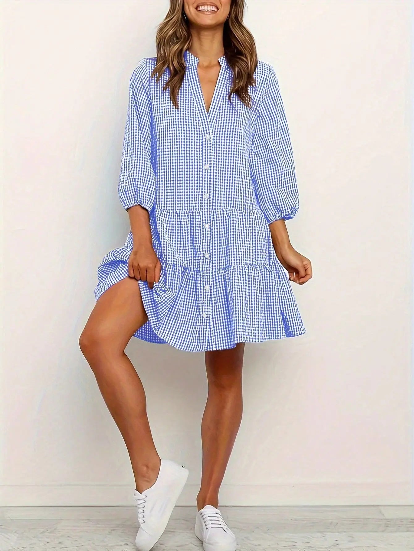 Damen Hemdkleid mit Karomuster – ausgestelltes Minikleid mit Rüschen und 3/4-Arm