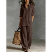 Damen Leinenset 2-teilig – Oversize-Bluse und Weithose mit hohem Bund
