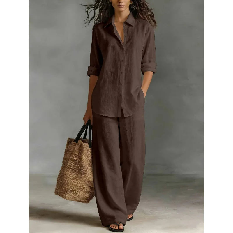 Damen Leinenset 2-teilig – Oversize-Bluse und Weithose mit hohem Bund