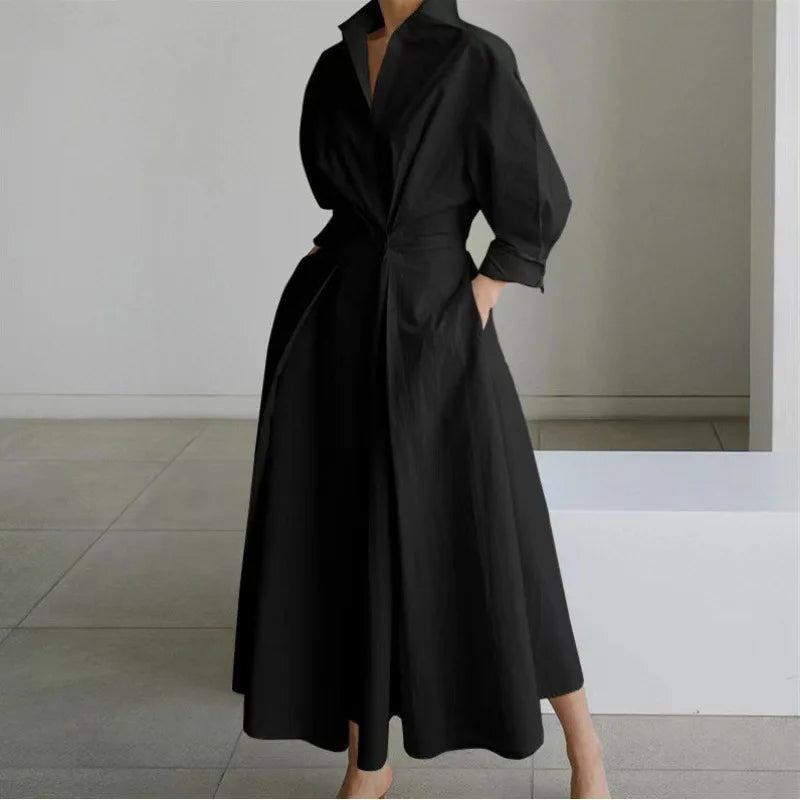 Elegantes Maxi-Hemdblusenkleid für Damen – ausgestellt mit Kragen und Taillierung