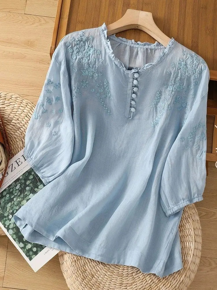 Damen Bluse mit Stickerei und Knopfleiste