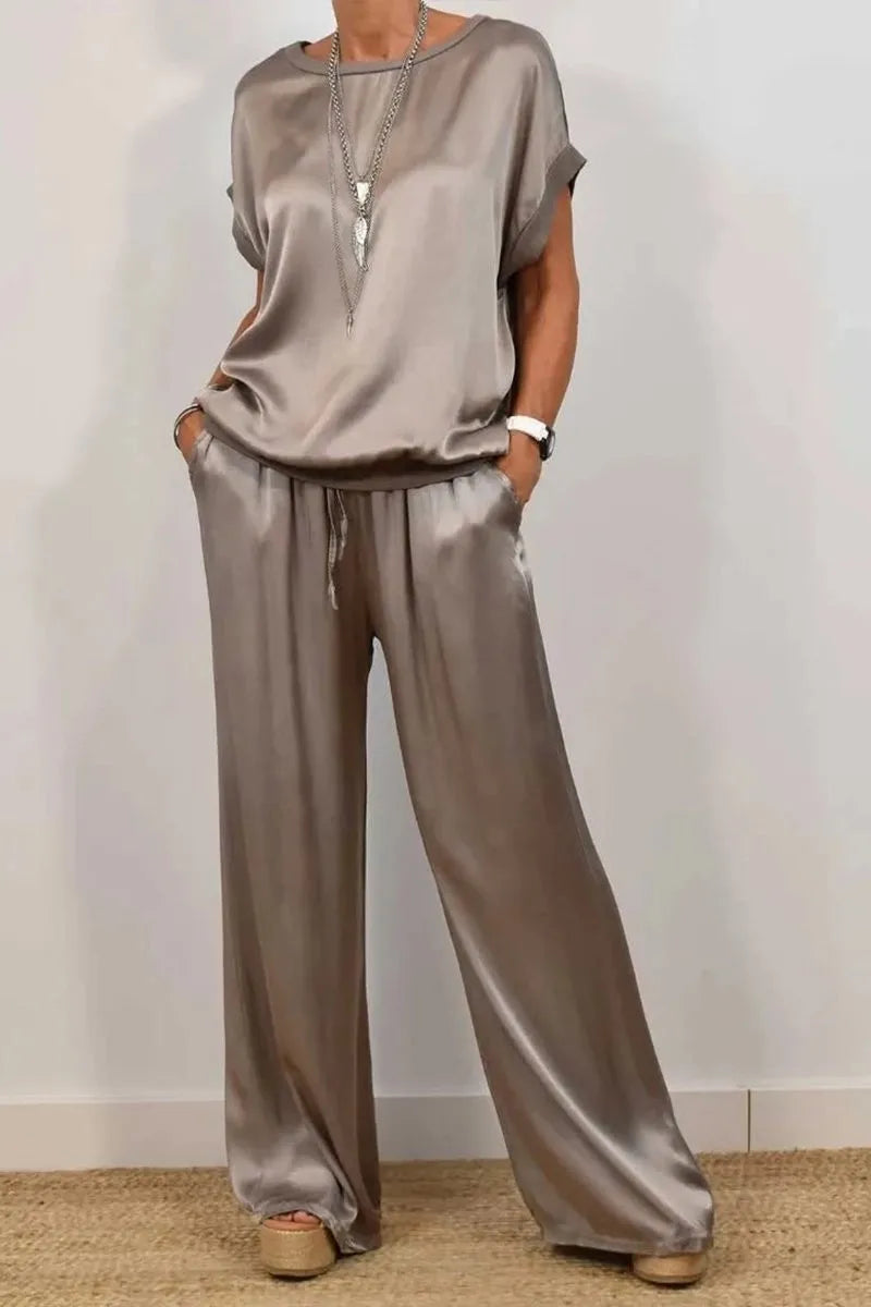 Damen Satin-Set – elegante Bluse mit weiter Hose, locker und komfortabel