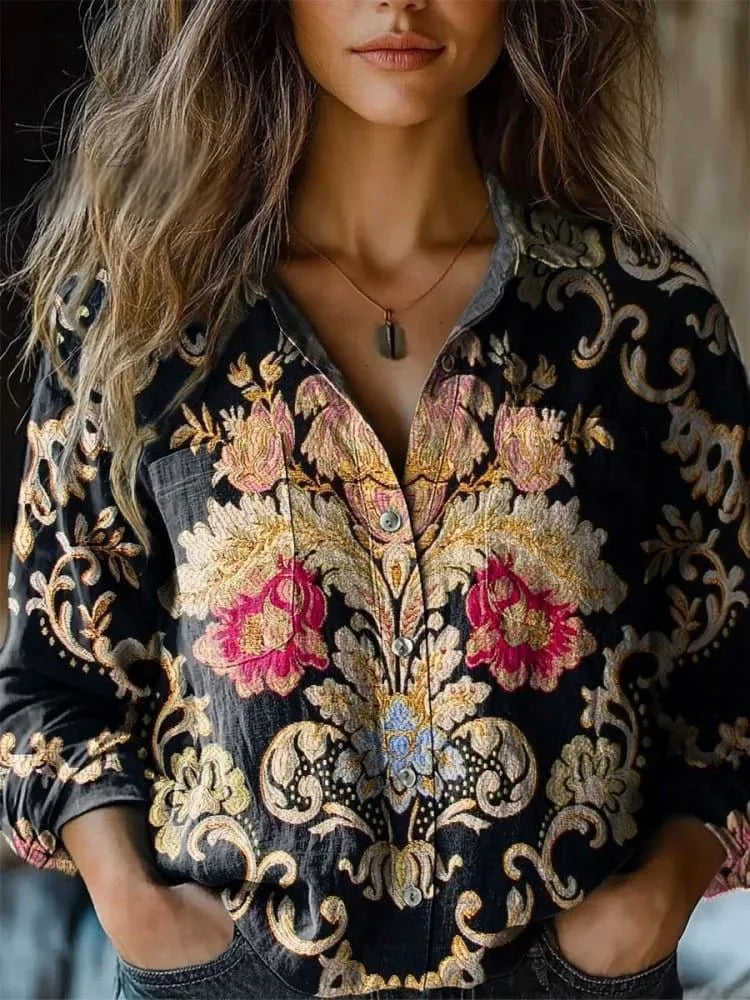 Damen Boho-Bluse mit Blumenmuster und langen Ärmeln