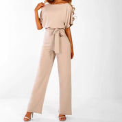 Damen Jumpsuit mit weiten Beinen und Bindegürtel – eleganter Kurzarm-Overall