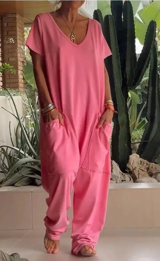 Damen Oversize Jumpsuit mit Taschen und V-Ausschnitt