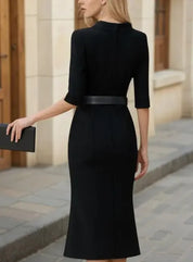 Elegantes Damen Midi-Kleid mit Gürtel und Stehkragen – Festliches Kleid mit geschlitzten Ärmeln