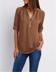 Damen Bluse mit V-Ausschnitt und Reißverschluss – elegante Bluse mit 3/4-Arm