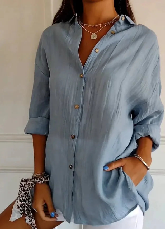 Damen Oversize Leinenbluse mit Knopfleiste und langen Ärmeln