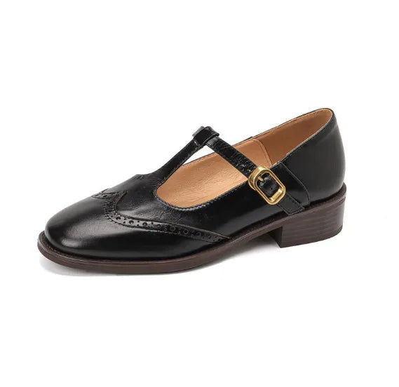 Damen Mary Jane Halbschuhe mit T-Bar-Riemen – elegante Schuhe mit Brogue-Perforationen und niedrigem Absatz
