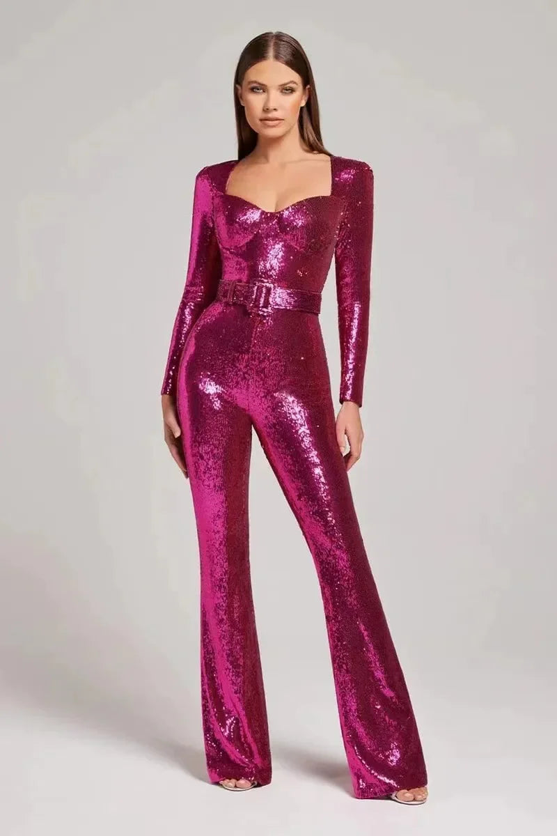 Damen-Jumpsuit mit langen Ärmeln und Paillettenbesatz