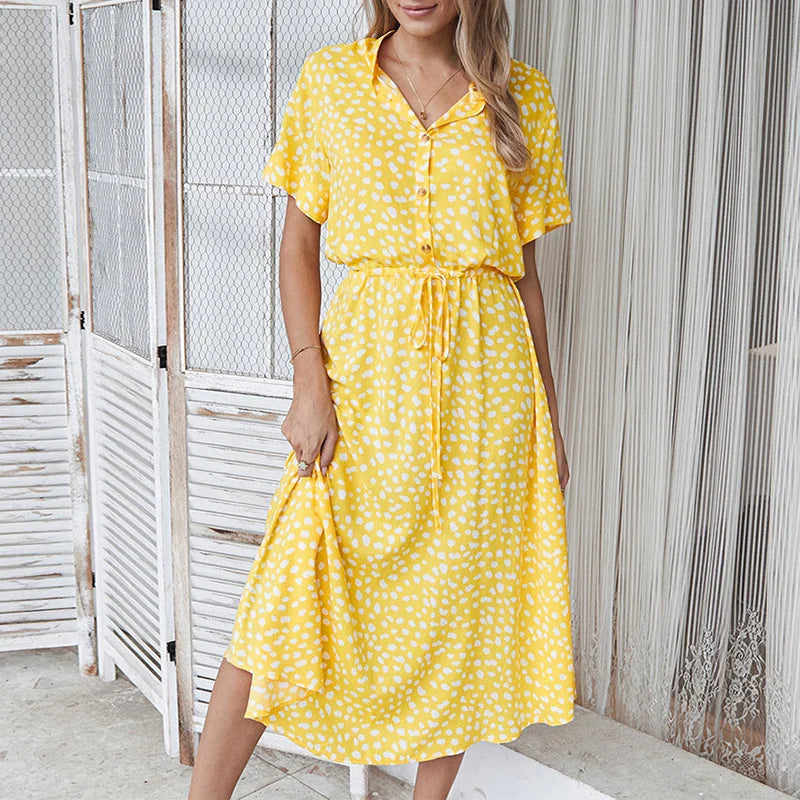 Damen Midi-Kleid mit feinem Muster – luftiges Kleid mit Taillenband und V-Ausschnitt