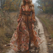 Damen Boho Maxikleid mit Plissee und V-Ausschnitt