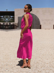 Damen Satin-Midikleid mit Neckholder-Ausschnitt – Elegant, figurbetont, für den Abend