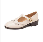 Damen Mary Jane Halbschuhe mit T-Bar-Riemen – elegante Schuhe mit Brogue-Perforationen und niedrigem Absatz