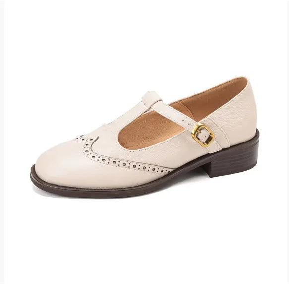 Damen Mary Jane Halbschuhe mit T-Bar-Riemen – elegante Schuhe mit Brogue-Perforationen und niedrigem Absatz