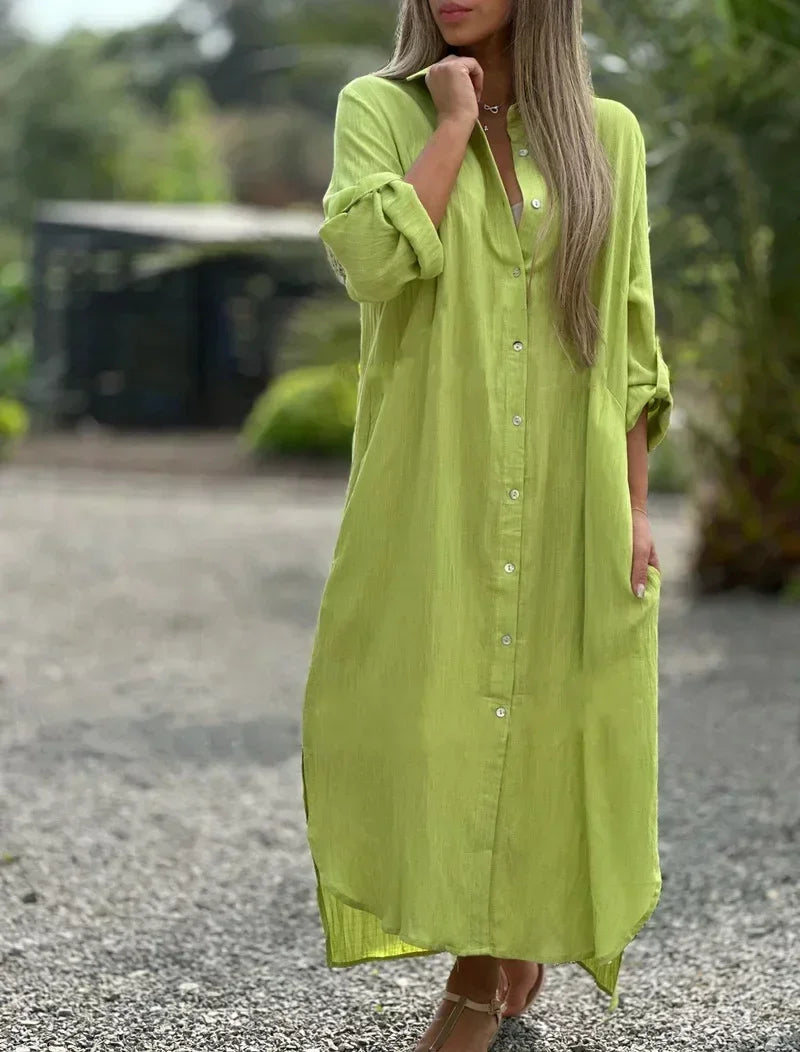 Damen Maxi-Hemdblusenkleid mit Knopfleiste und Taschen