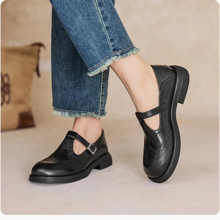 Damen Leder-Halbschuhe mit Riemen – komfortable Mary Jane Schuhe, klassisch und elegant