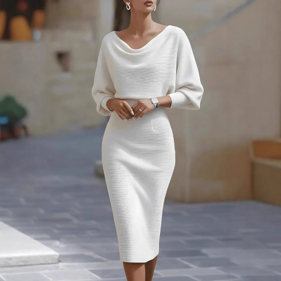 Damen Strickkleid Midi mit V-Ausschnitt – Elegantes Figurbetontes Kleid mit 3/4-Ärmel