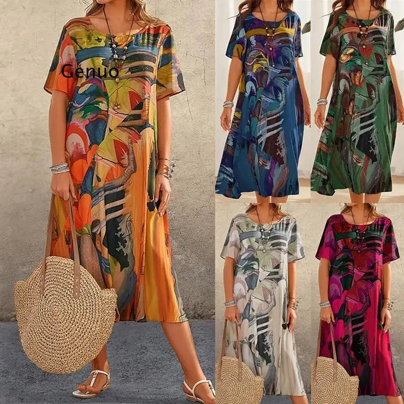 Damen Oversize Maxikleid – Leichtes, luftiges Kleid mit kurzem Arm
