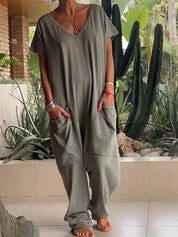Damen Oversize Jumpsuit mit Taschen und V-Ausschnitt