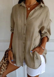 Damen Oversize Leinenbluse mit Knopfleiste und langen Ärmeln