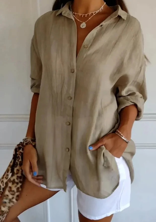 Damen Oversize Leinenbluse mit Knopfleiste und langen Ärmeln