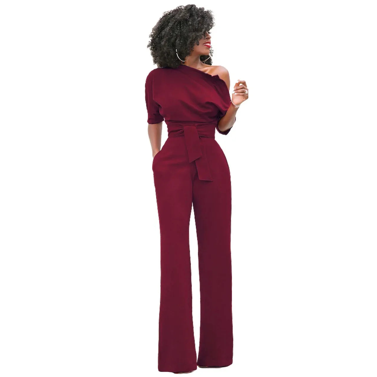 Eleganter Damen-Jumpsuit mit asymmetrischem Ausschnitt und Taillengürtel