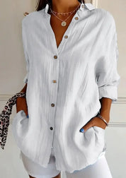Damen Oversize Leinenbluse mit Knopfleiste und langen Ärmeln