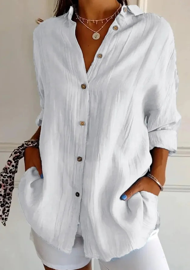 Damen Oversize Leinenbluse mit Knopfleiste und langen Ärmeln
