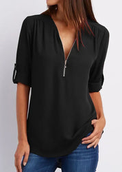 Damen Bluse mit V-Ausschnitt und Reißverschluss – elegante Bluse mit 3/4-Arm